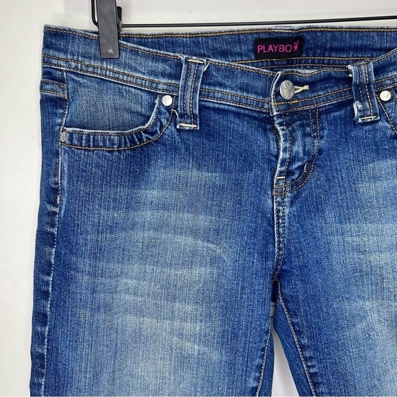 Y2K Vintage Playboy Denim Capris Button Detail Casual Denim Cropped Distressed - Picture 3 of 14